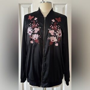 Xhilaration Black Floral Embroidered Bomber Jacket - Size Large
